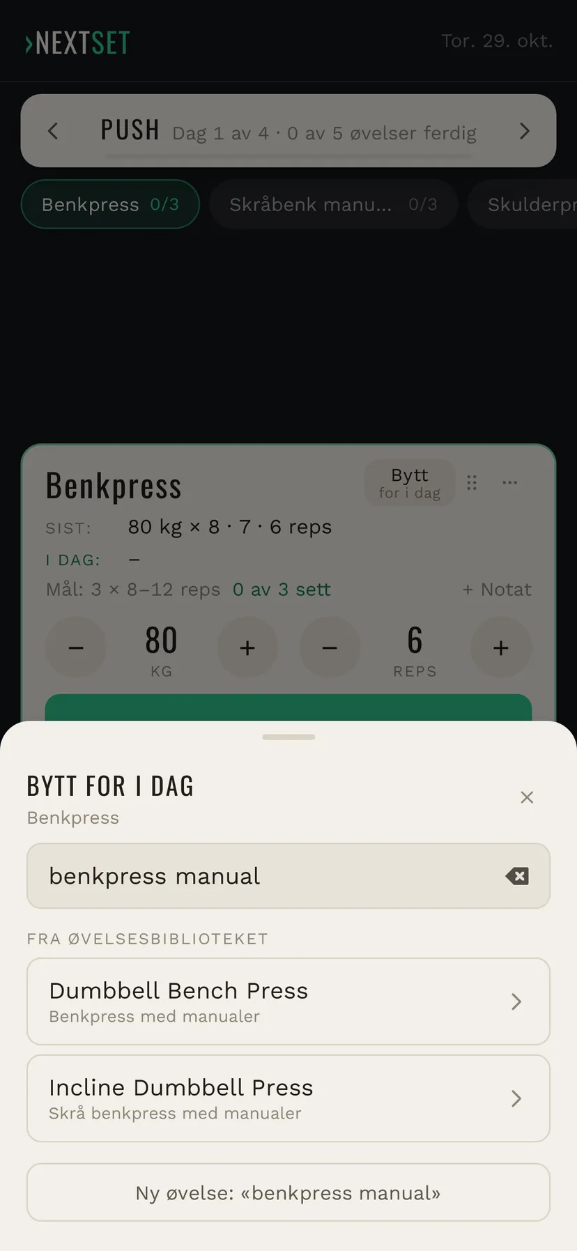 Søk etter «benkpress manual» viser Dumbbell Bench Press fra øvelsesbiblioteket