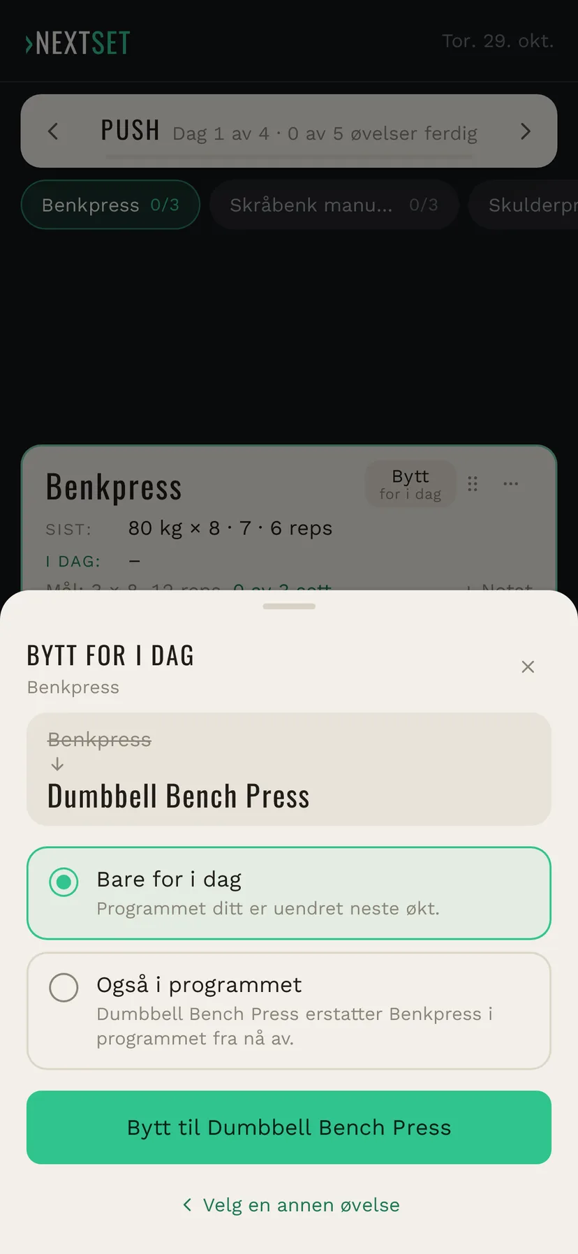 Bekreft byttet: Benkpress bytter til Dumbbell Bench Press, med valget Bare for i dag eller Også i programmet, og knappen Bytt til
