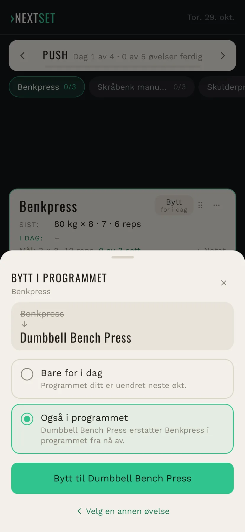 Bekreft byttet med Også i programmet valgt: Dumbbell Bench Press erstatter Benkpress i programmet fra nå av, og knappen Bytt til
