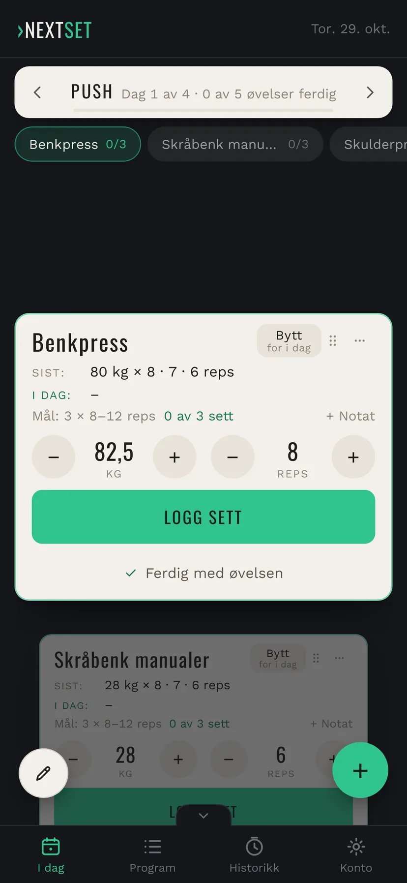 Logging i NextSet: vekt 82,5 kg og 8 reps er stilt inn, klart til å trykke Logg sett