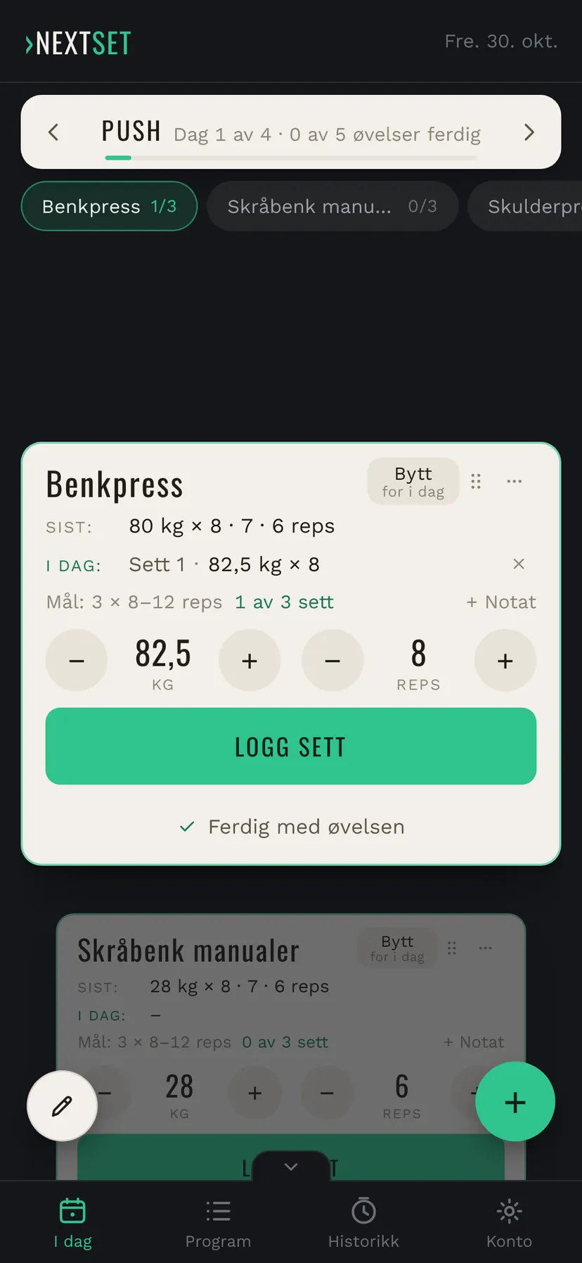 NextSet I DAG etter hvilen: første sett er logget, og neste sett står klart på kortet