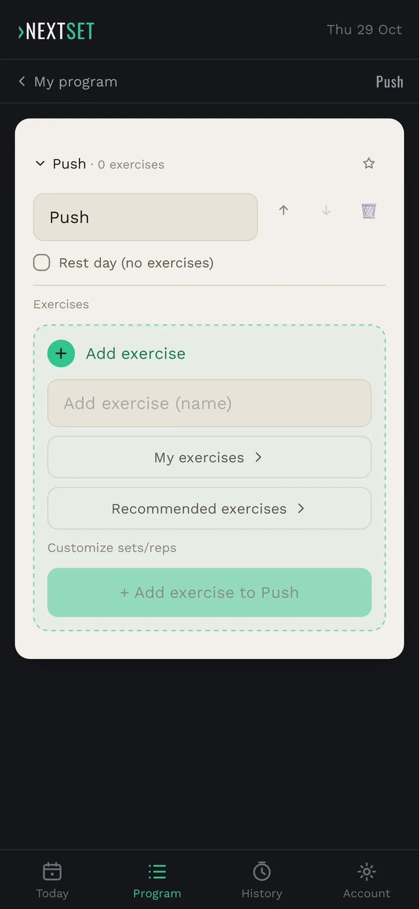 The new day Push is empty, with the Add exercise field, My exercises and Recommended exercises