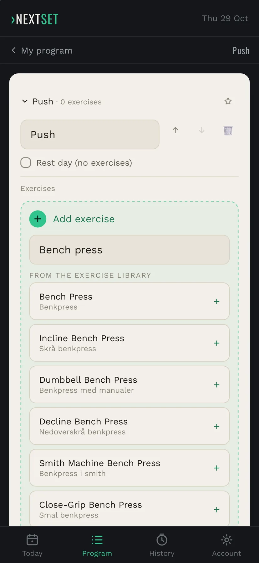 Bench press is typed into the Add exercise field, and matches from the exercise library appear, with Bench Press at the top