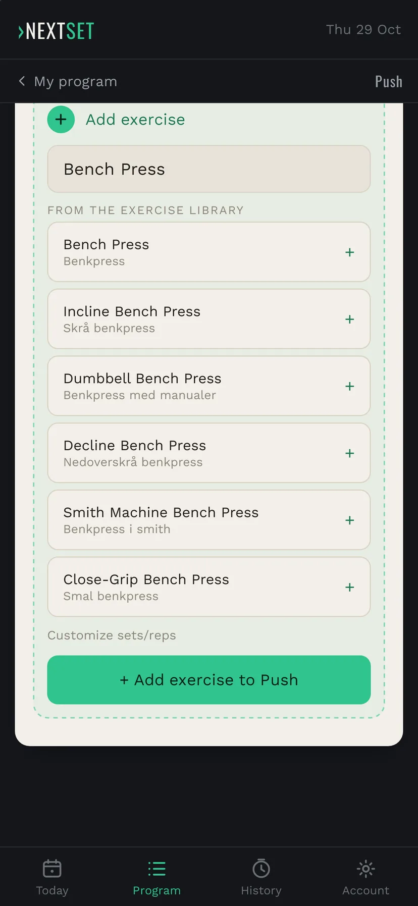 Bench Press is selected, and the button Add exercise to Push is ready