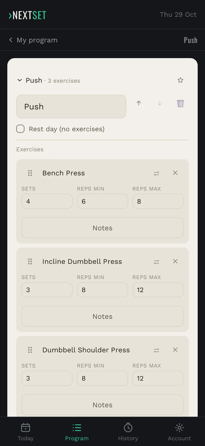 Bench Press is set to 4 sets of 6 to 8 reps, while the other exercises have 3 sets of 8 to 12 reps