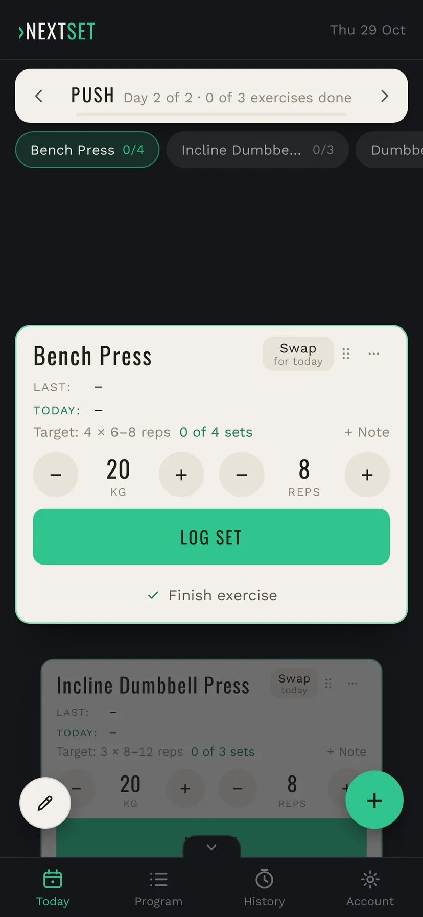 NextSet TODAY shows the new program: Push with Bench Press, target 4 times 6 to 8 reps, and the Log set button
