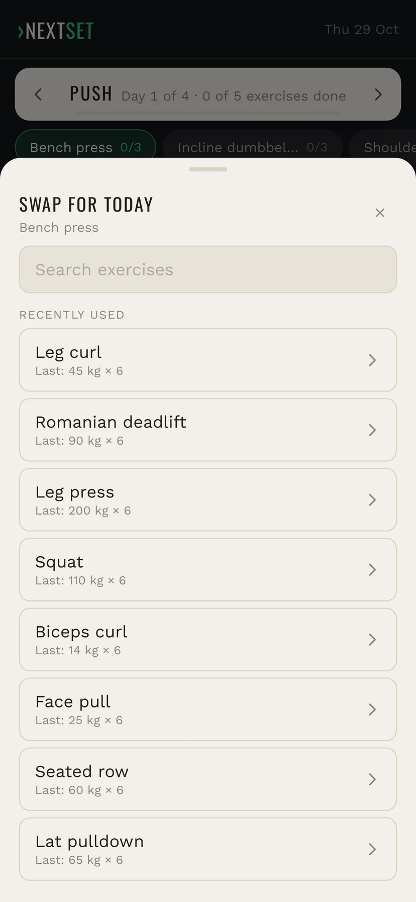 Swap for today: the search field and a list of recently used exercises