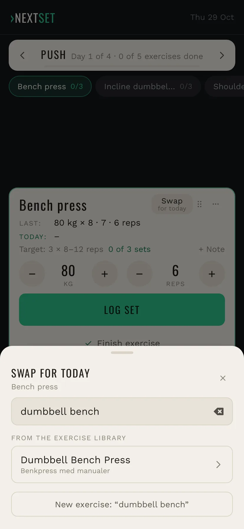 Searching for “dumbbell bench” shows Dumbbell Bench Press from the exercise library