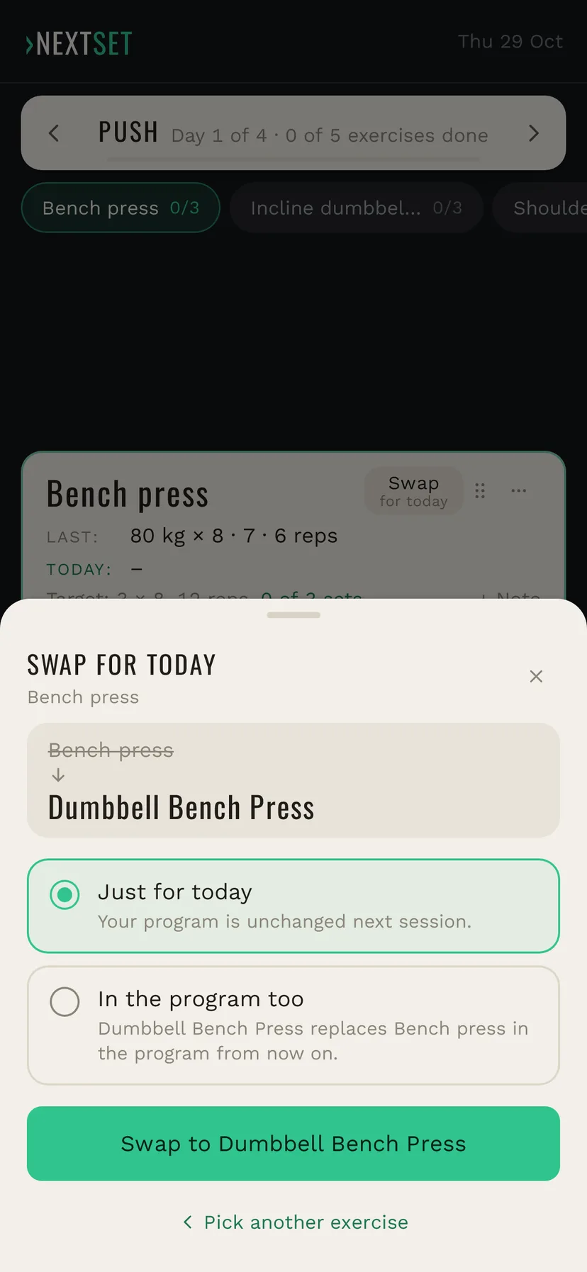 Confirm the swap: Bench press becomes Dumbbell Bench Press, with the choice Just for today or In the program too, and the Swap to button