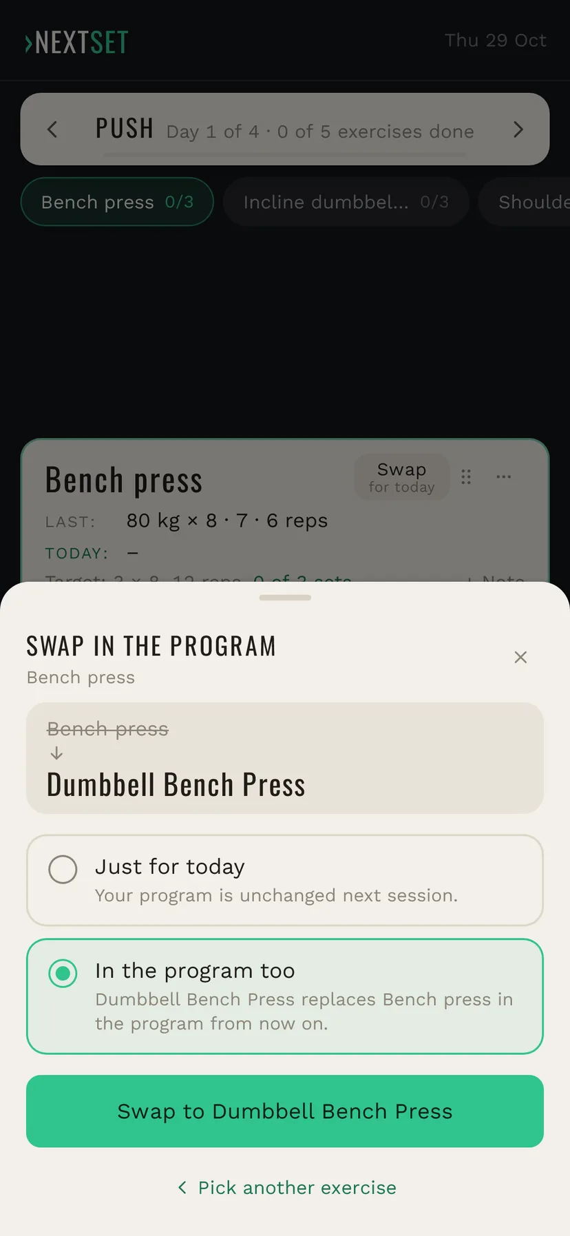Confirm the swap with In the program too selected: Dumbbell Bench Press replaces Bench press in the program from now on, and the Swap to button