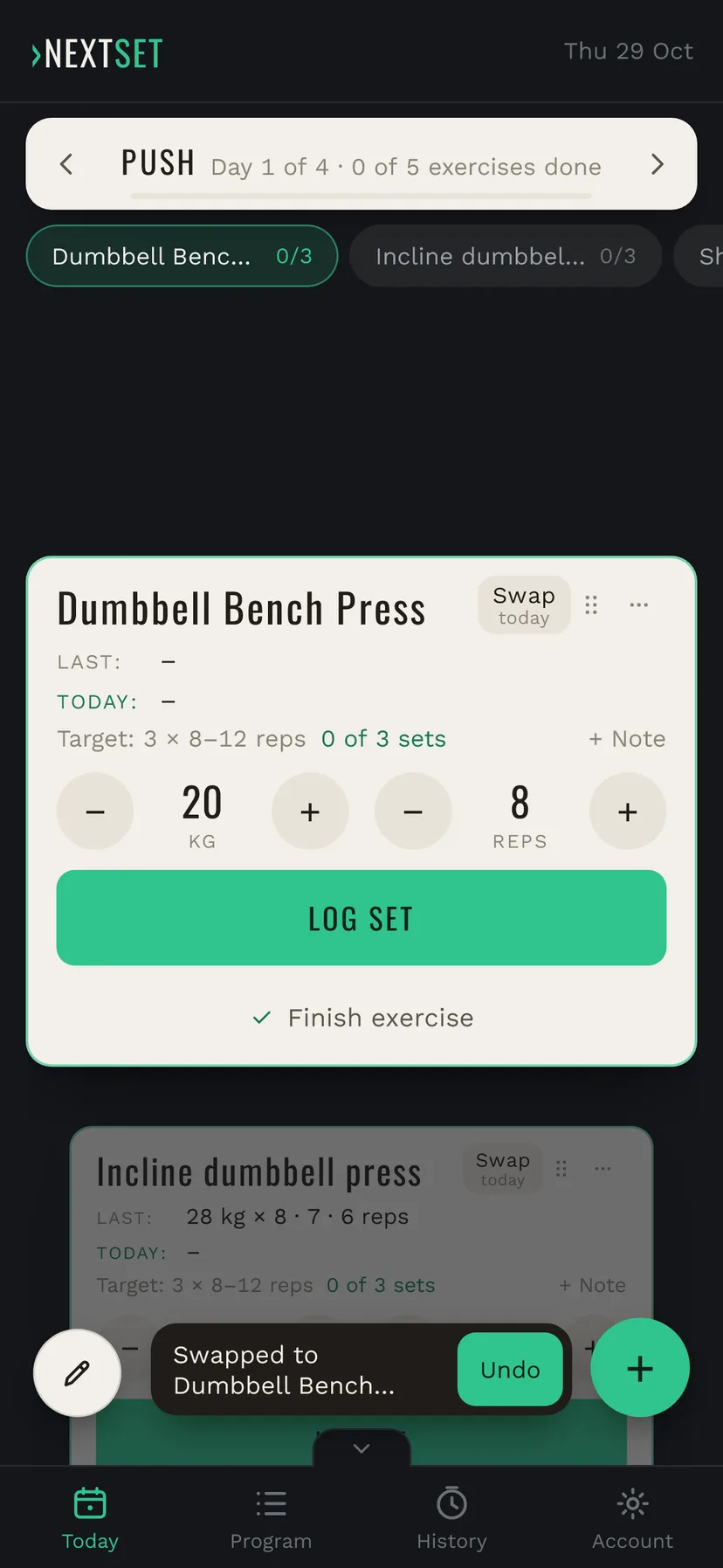 After the swap the card shows Dumbbell Bench Press, and a message with Undo