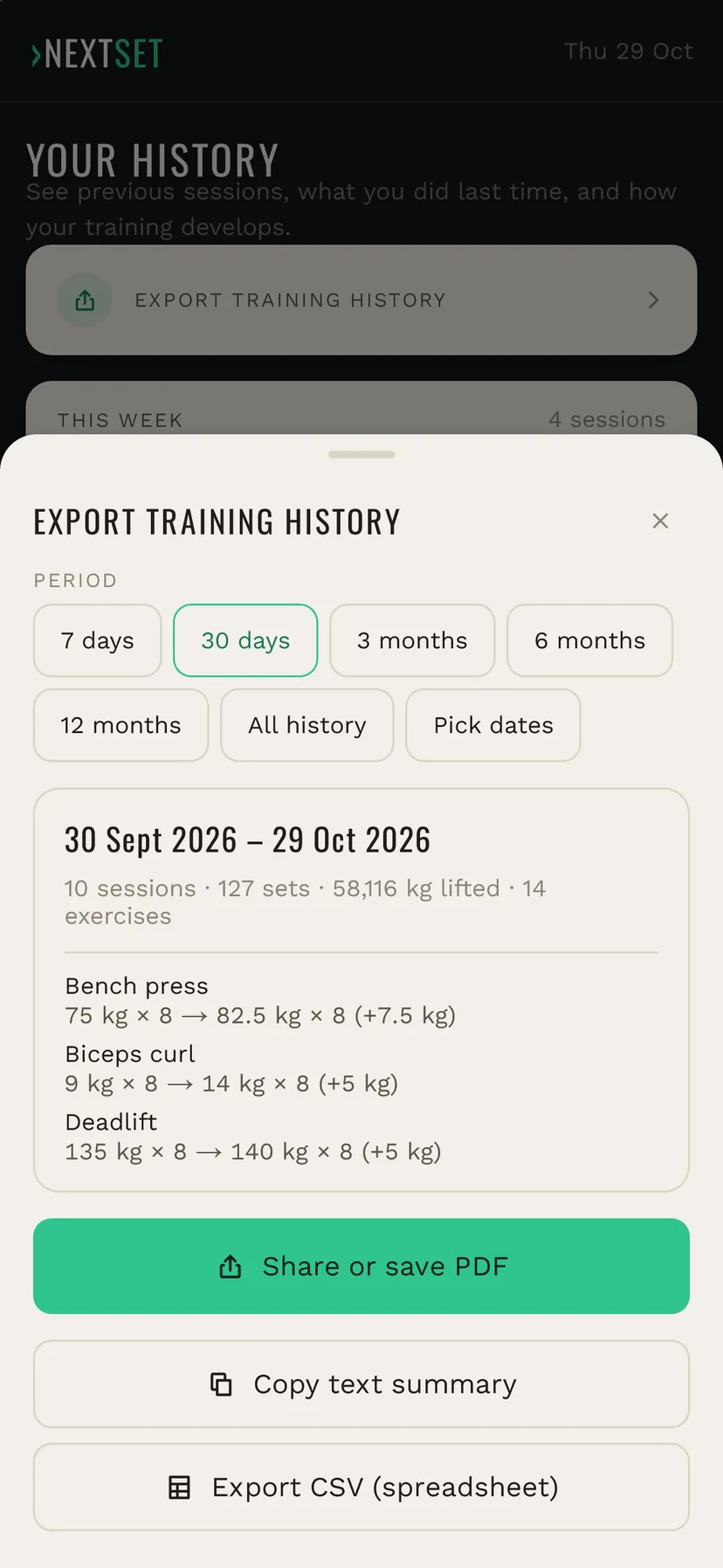 Exporting training history in NextSet: pick a period and share a PDF, copy text or export CSV