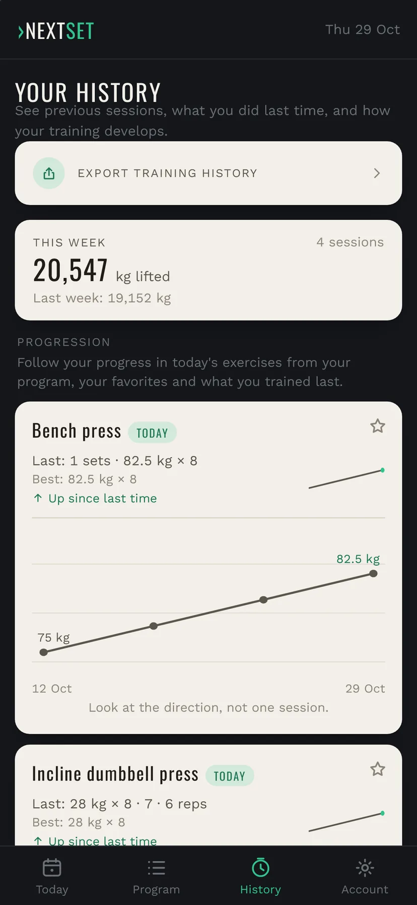 HISTORY in NextSet with progress per exercise and a graph of how the bench press has developed
