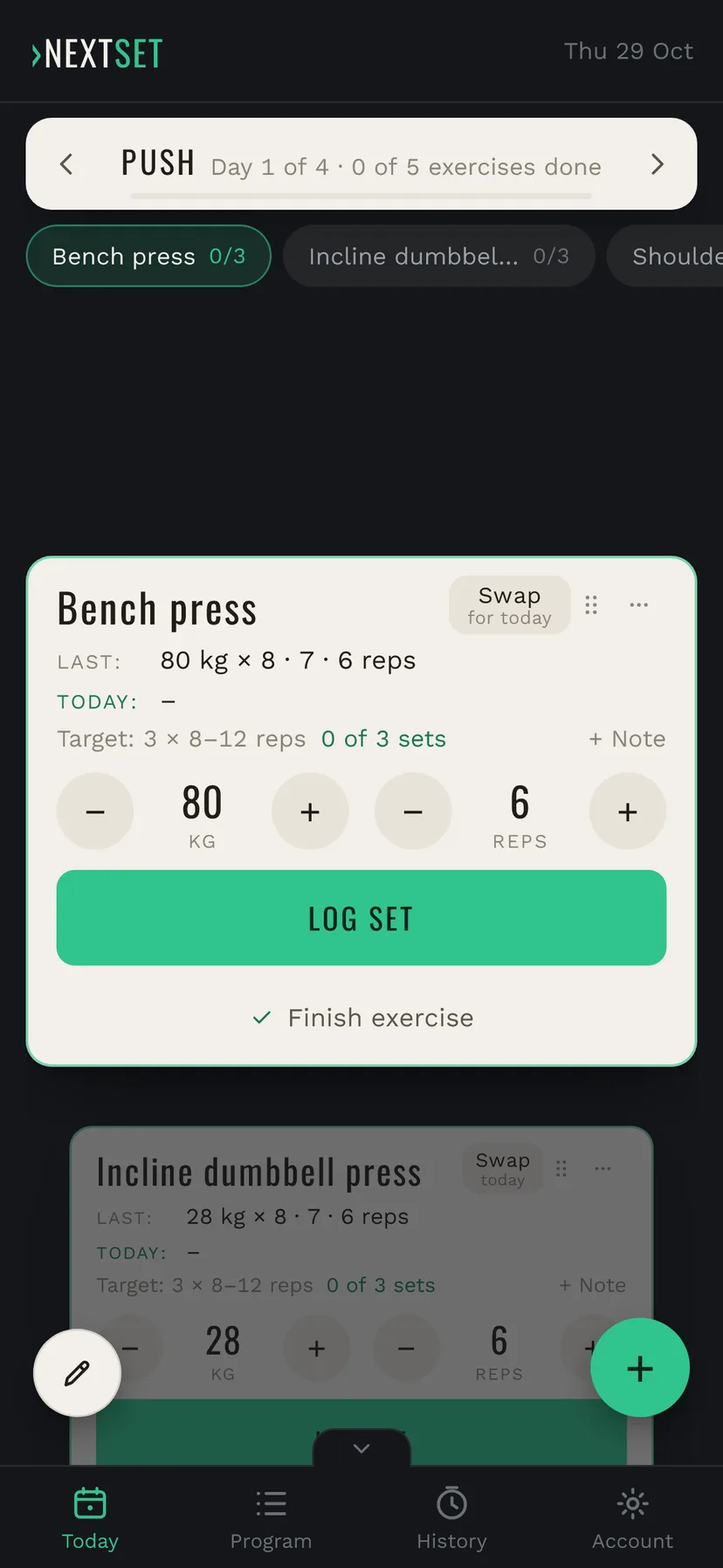 NextSet TODAY: today's workout Push, the exercise Bench press with last session, targets and the Log set button