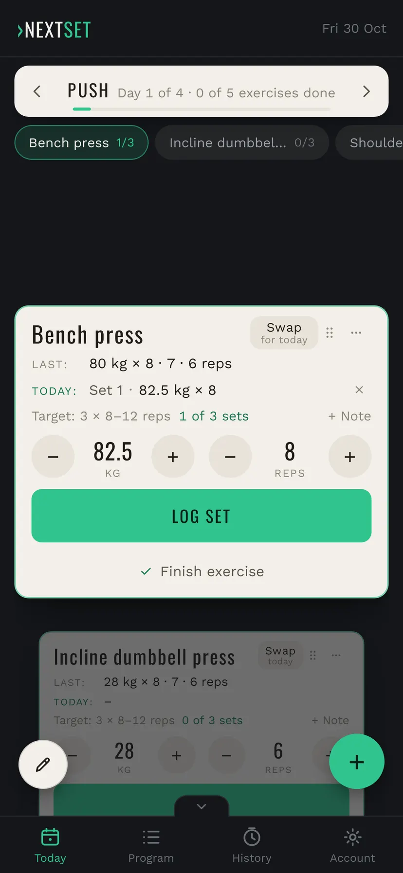 NextSet TODAY after the rest: the first set is logged, and the next set is ready on the card