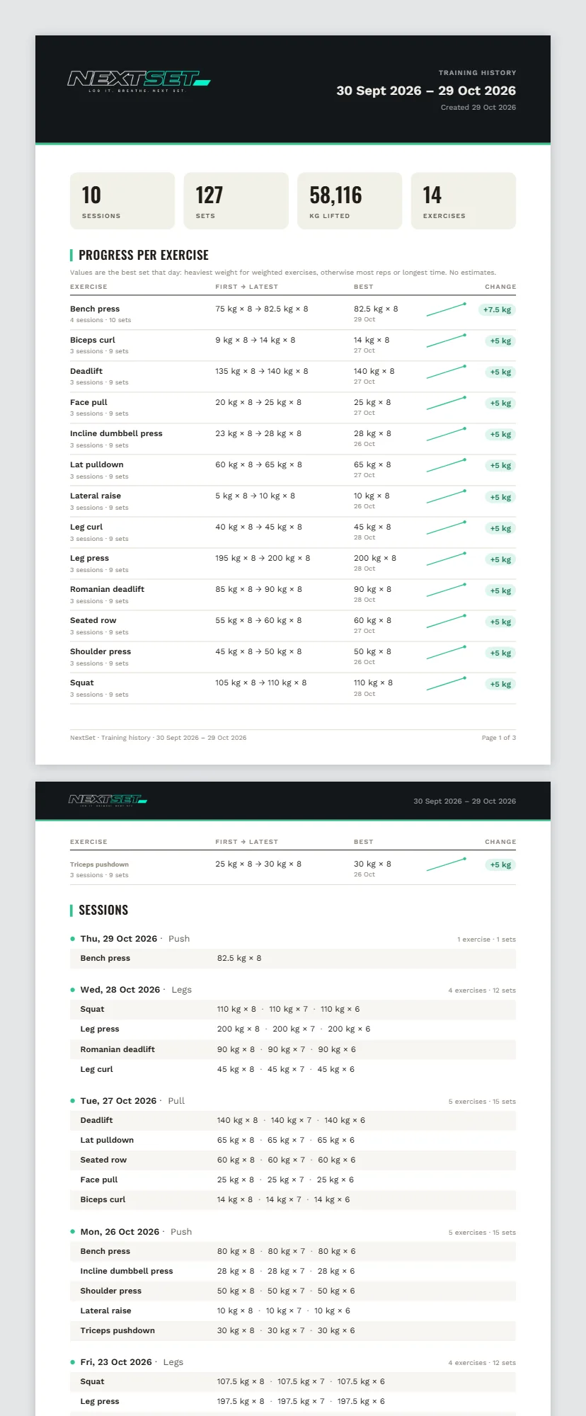 The PDF NextSet makes of your training history: the first pages with a summary, progress per exercise and your workouts