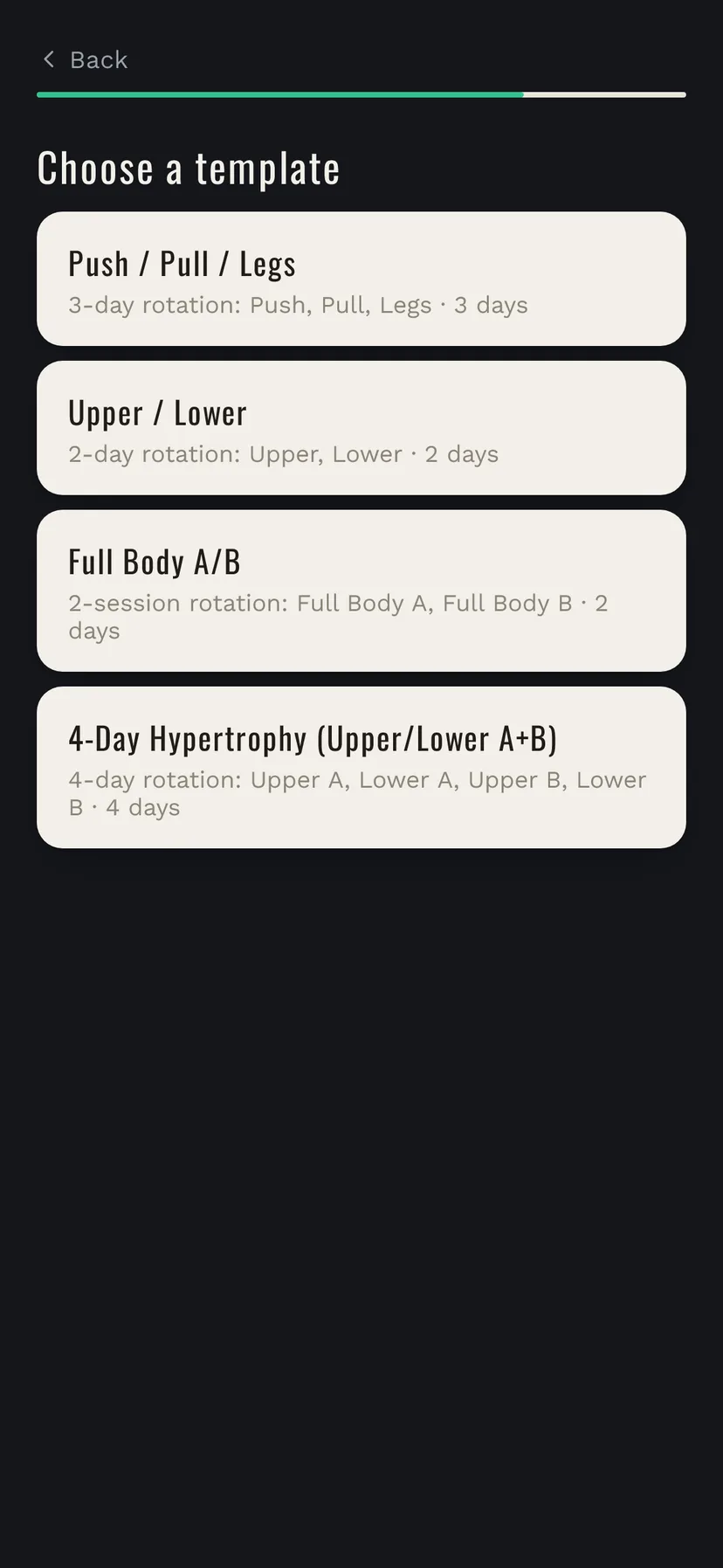 The first time in NextSet: pick a ready-made training program like Push / Pull / Legs, Upper / Lower or Full Body