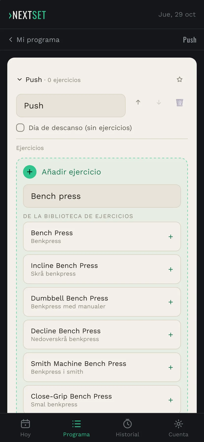 Se escribe Bench press en el campo Añadir ejercicio y aparecen coincidencias de la biblioteca de ejercicios, con Bench Press arriba