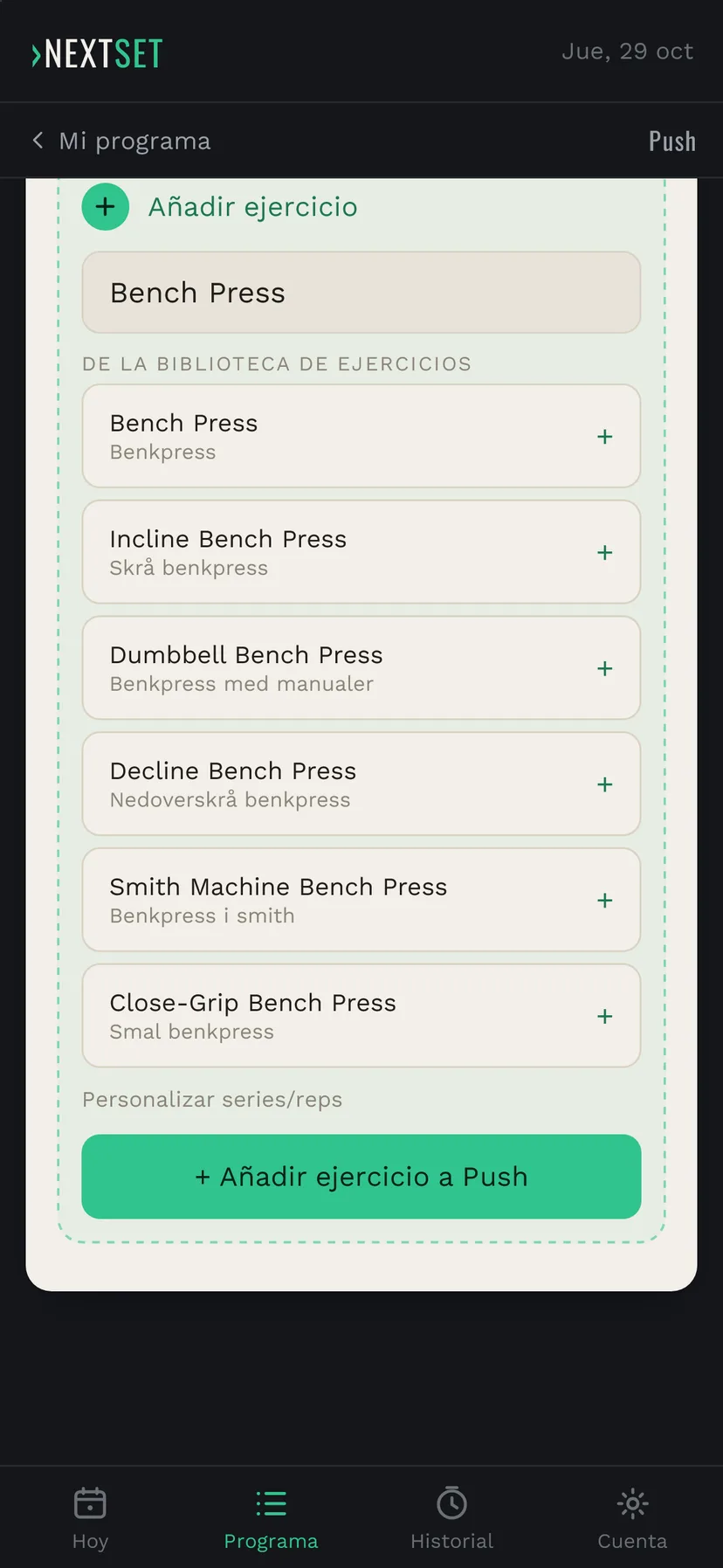 Bench Press está seleccionado y el botón Añadir ejercicio a Push está listo