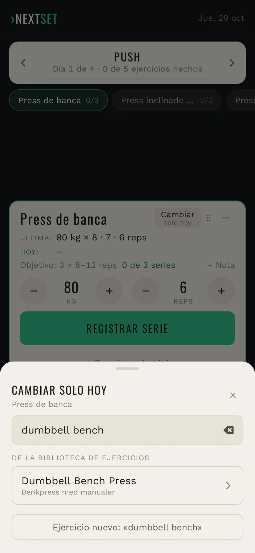 Buscar «dumbbell bench» muestra Dumbbell Bench Press de la biblioteca de ejercicios