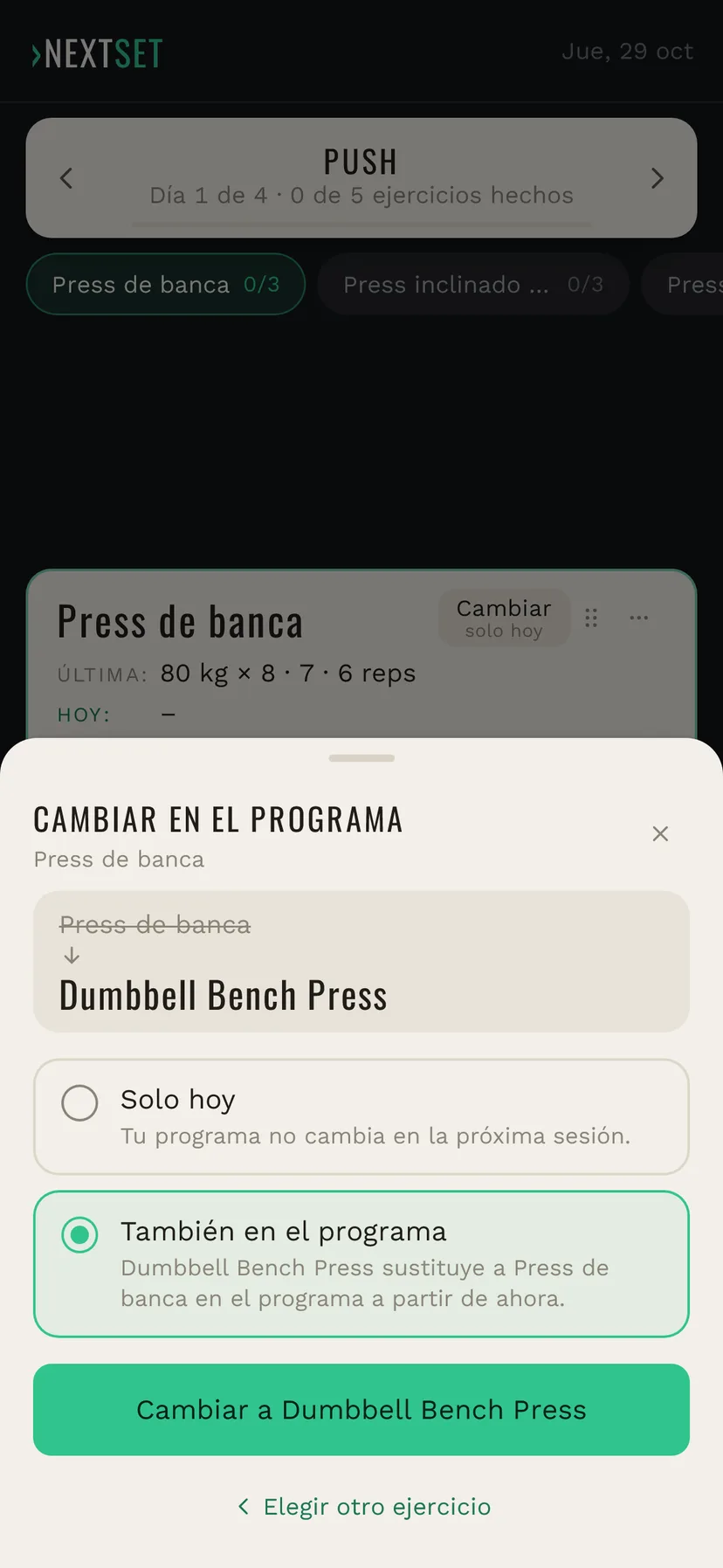 Confirmar el cambio con También en el programa elegido: Dumbbell Bench Press sustituye a Press de banca en el programa a partir de ahora, y el botón Cambiar a