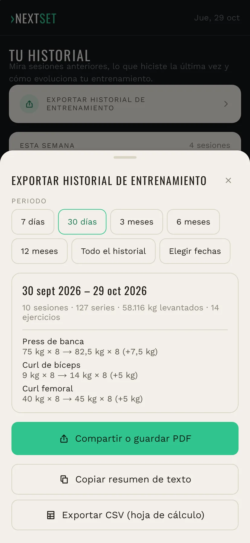Exportar el historial de entrenamiento en NextSet: elige un periodo y comparte un PDF, copia el texto o exporta un CSV