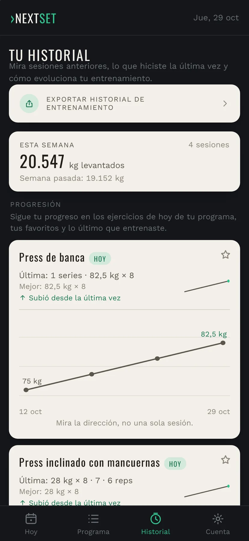 HISTORIAL en NextSet con el progreso por ejercicio y un gráfico de la evolución del press de banca