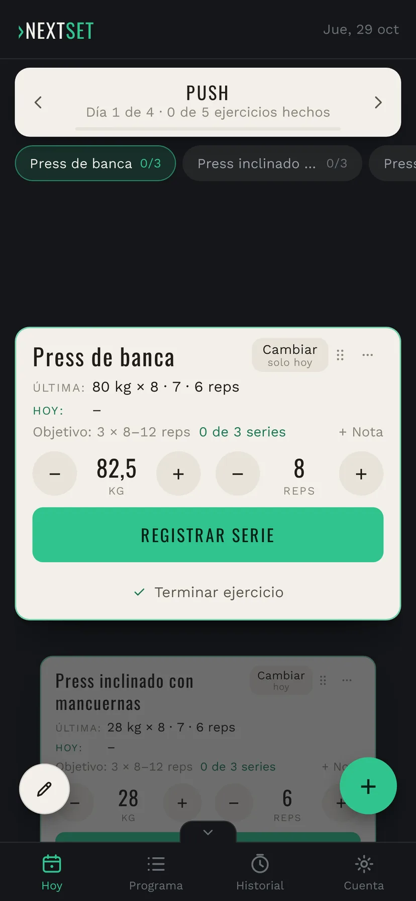 Registro en NextSet: peso de 82,5 kg y 8 repeticiones introducidos, listo para pulsar Registrar serie