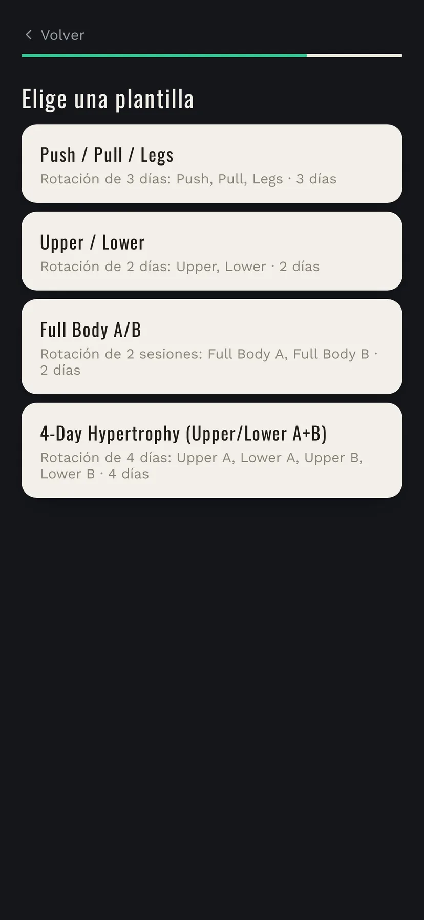 La primera vez en NextSet: elige un programa de entrenamiento ya hecho como Push / Pull / Legs, Upper / Lower o Full Body
